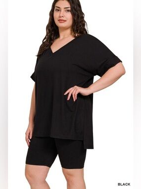 Zenana Black Plus Brushed Dty Microfiber V-neck Top & Biker